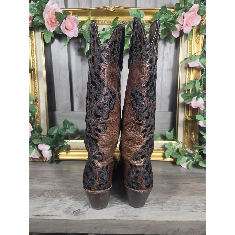 Corral Women's Brown Black Floral Embroidered Leather Western Cowboy Boots Snip
